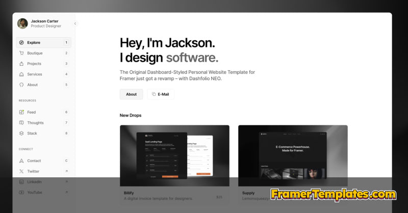 Dashfolio NEO — Dashboard-styled portfolio – Framer Template