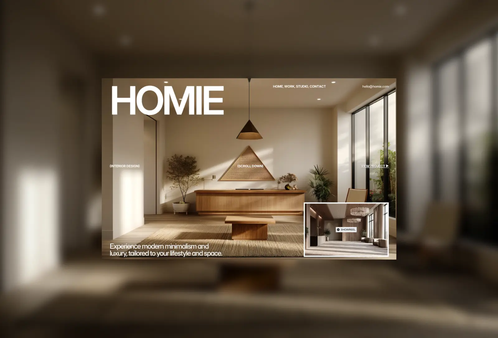 Minimalist interior design webpage with a warm-toned room, wooden furniture, and large windows. Text reads