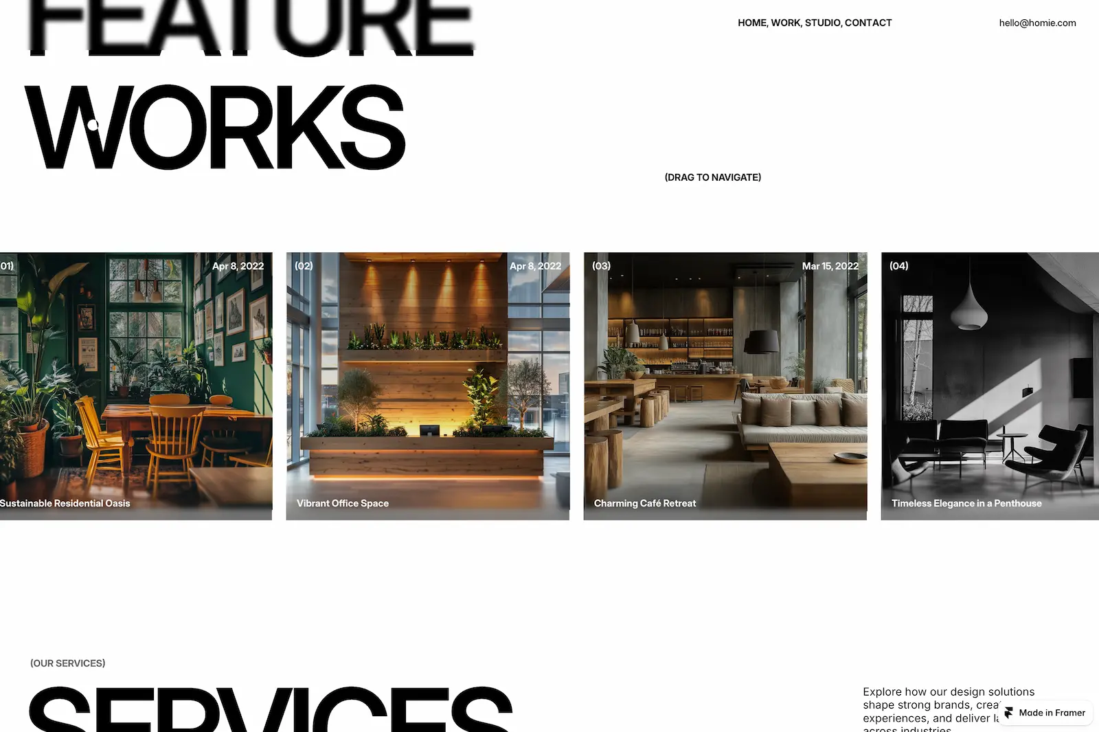 Website showcases four featured works: a green-themed residential area, a modern office space, a cozy café, and a minimalist penthouse. Bold text reads 'FEATURE WORKS' at the top.
