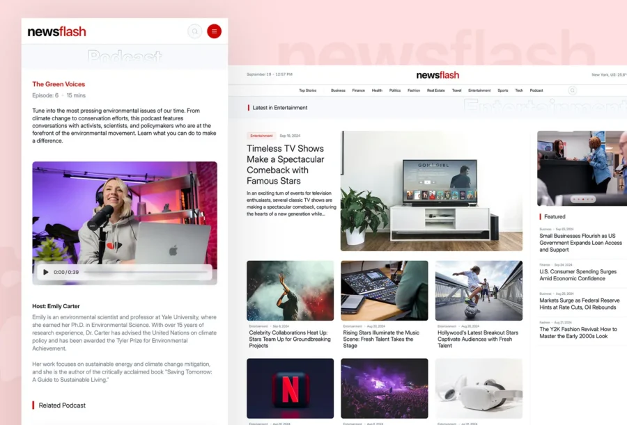 Website layout featuring a news platform, with a focus on entertainment. Includes a podcast segment with a smiling host, and articles on TV shows and celebrity events.