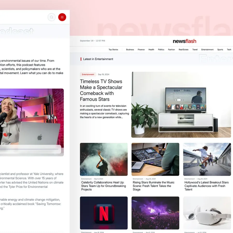 Website layout featuring a news platform, with a focus on entertainment. Includes a podcast segment with a smiling host, and articles on TV shows and celebrity events.