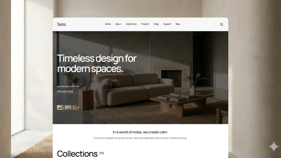 Website showcasing modern interior design with neutral-toned furniture. Text reads 'Timeless design for modern spaces.' Calm, minimalist ambiance.
