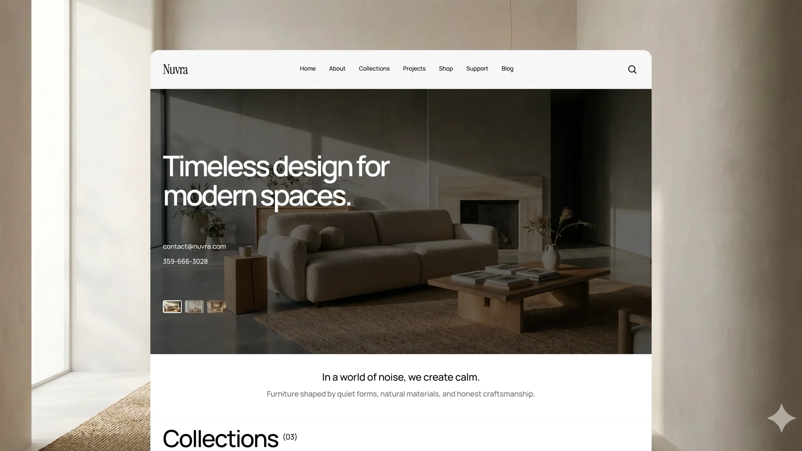Website showcasing modern interior design with neutral-toned furniture. Text reads 'Timeless design for modern spaces.' Calm, minimalist ambiance.