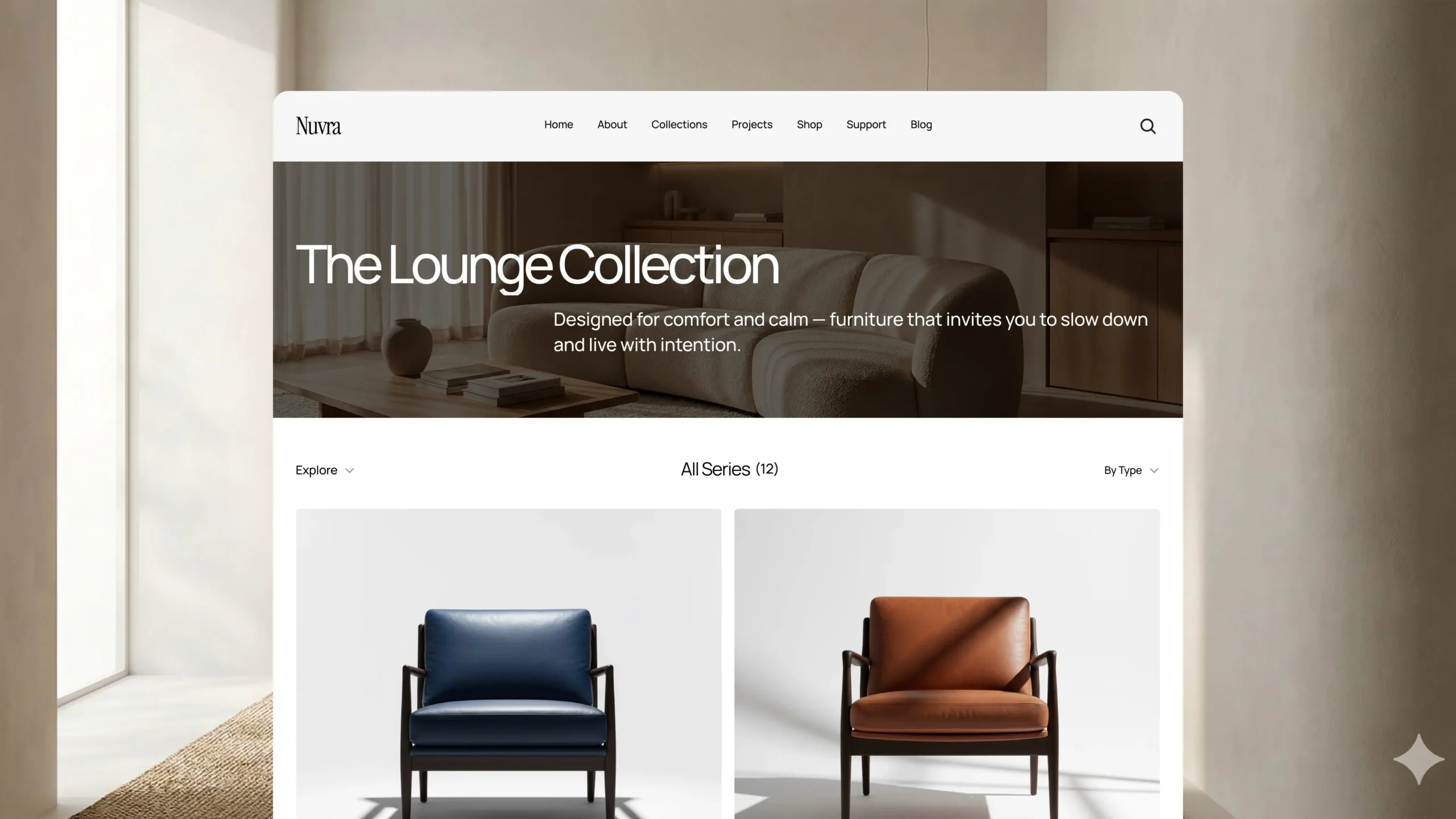 Website showcasing "The Lounge Collection" with two armchairs. One chair is blue, the other brown, both in a serene, minimal setting with natural light.