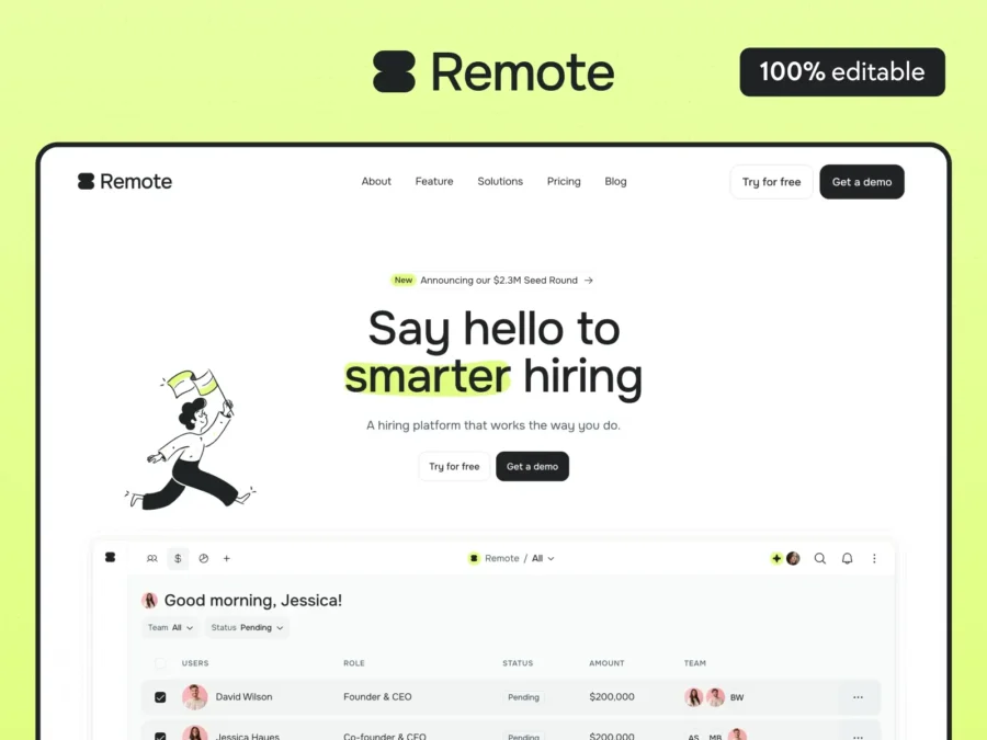 Remote website interface showcasing 'smarter hiring' with a playful graphic of a person waving. Menu includes features, solutions, and pricing. Buttons offer free trial and demo options, emphasizing innovation and usability.