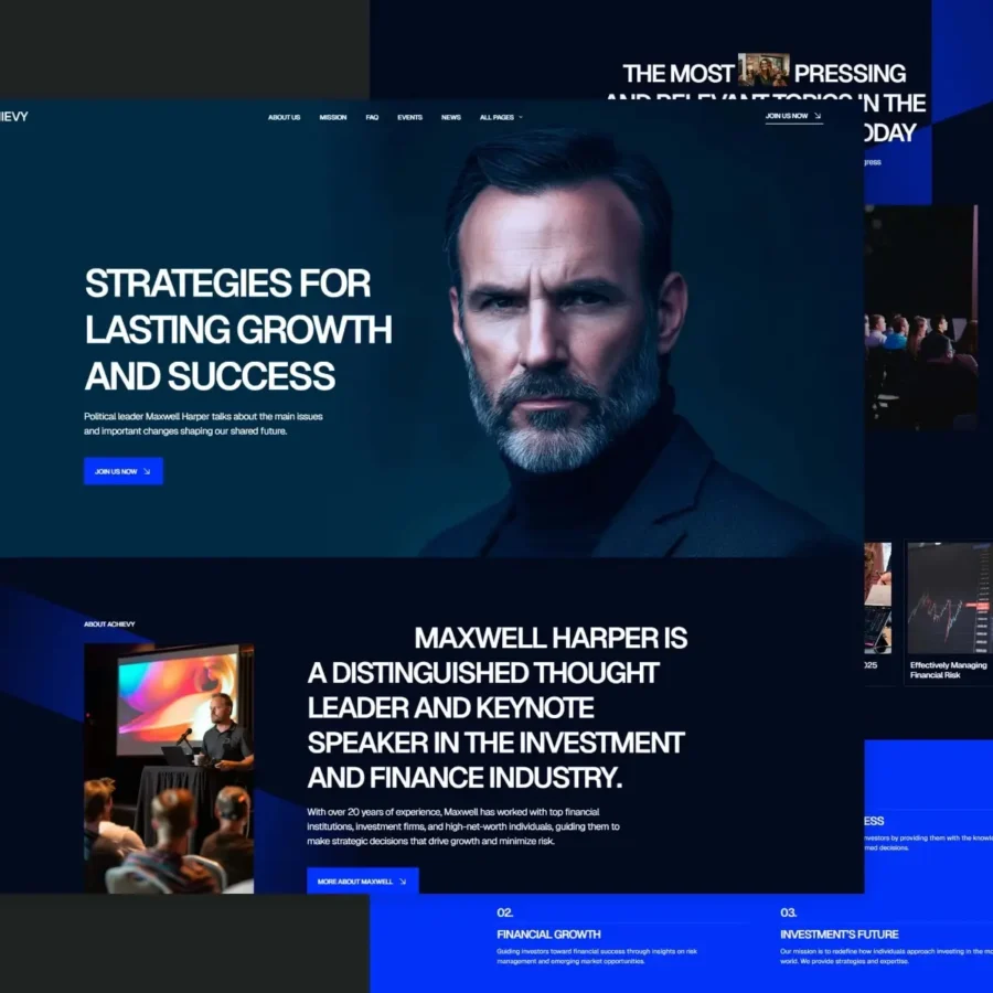 Webpage design featuring a serious man with a beard in a suit. Text highlights strategies for growth, introducing Maxwell Harper as a finance expert. Tone is professional.