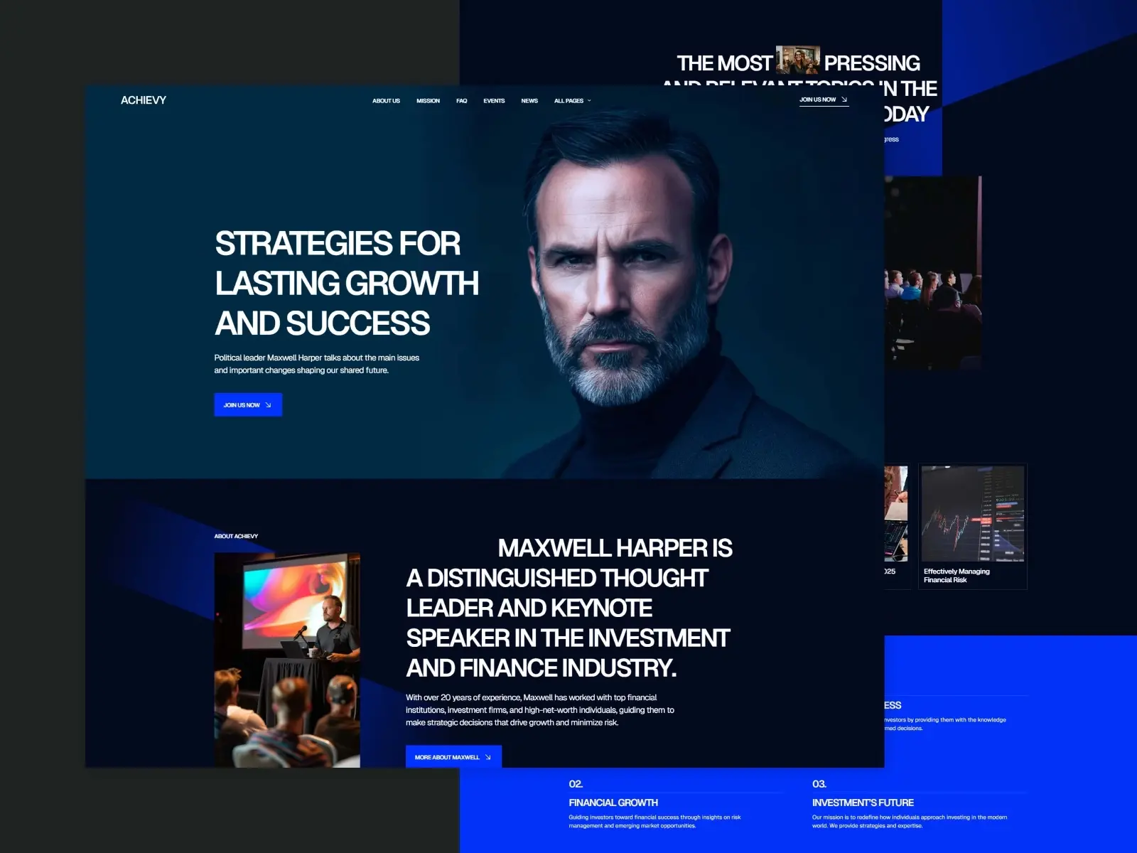 Webpage design featuring a serious man with a beard in a suit. Text highlights strategies for growth, introducing Maxwell Harper as a finance expert. Tone is professional.