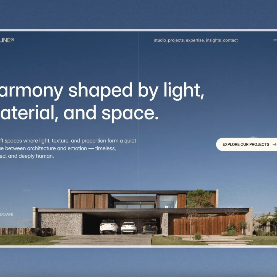Modern website homepage with minimalist text on architecture over a sleek house design against a clear blue sky. Keywords: harmony, light, proportion.