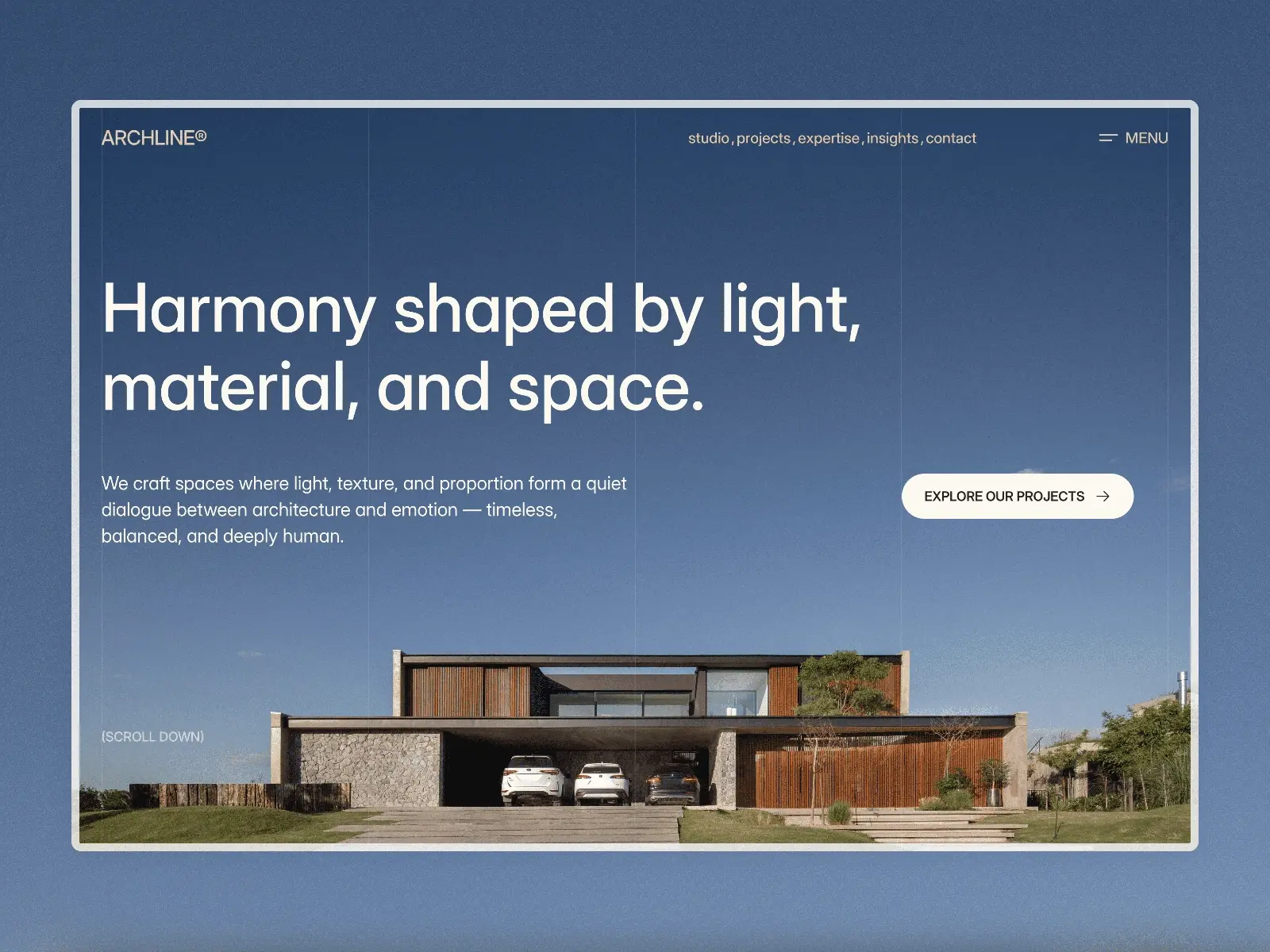 Modern website homepage with minimalist text on architecture over a sleek house design against a clear blue sky. Keywords: harmony, light, proportion.