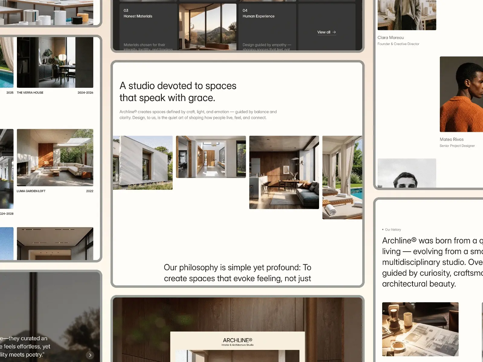 A collage of modern architectural designs and text, featuring serene interior spaces and minimalistic layouts. Text includes a design studio's philosophy on creating spaces that evoke feeling. Images of open, light-filled rooms convey balance and elegance. Tone is sophisticated and professional.