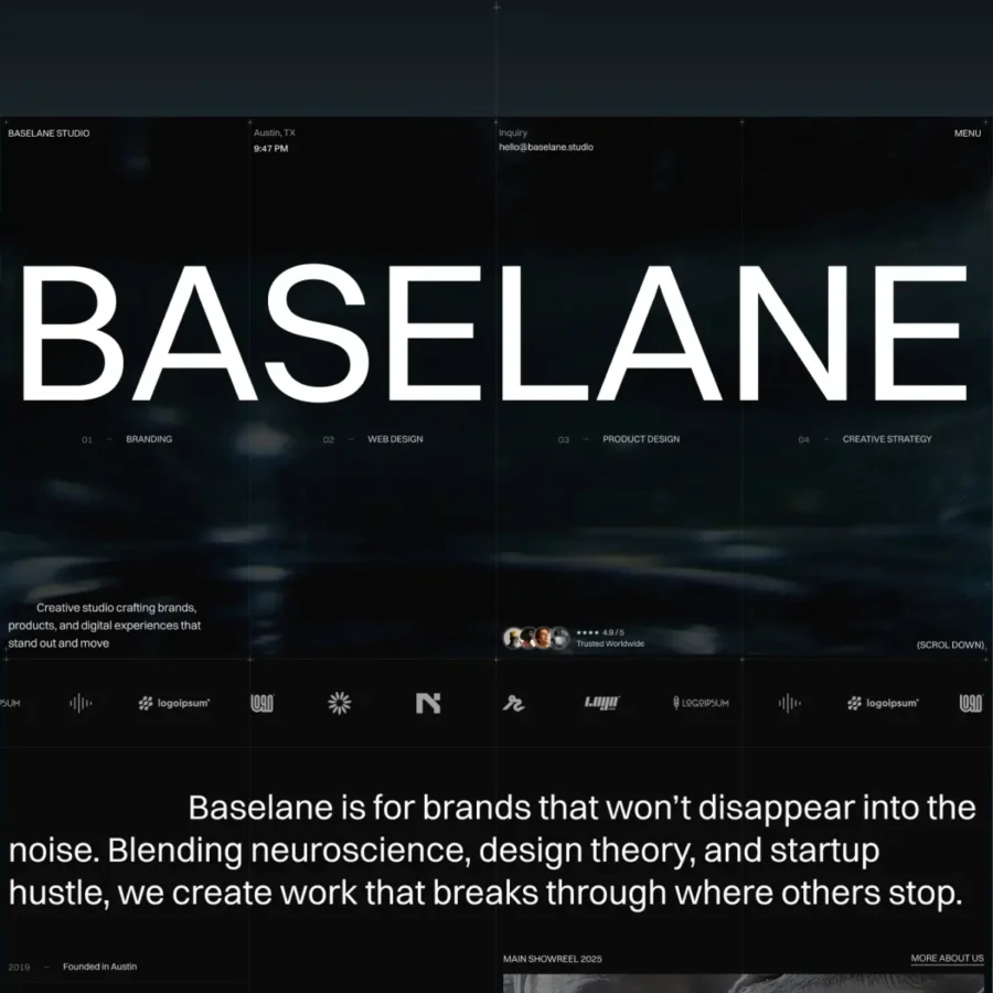 Website homepage featuring the word 'BASELANE' in bold white letters over a dark abstract background. Descriptive text reads: 'Baselane is for brands that won’t disappear into the noise. Blending neuroscience, design theory, and startup hustle, we create work that breaks through where others stop.' The tone is modern and innovative.