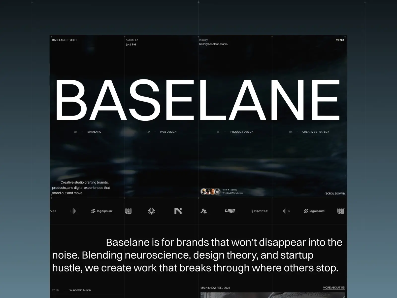 Website homepage featuring the word 'BASELANE' in bold white letters over a dark abstract background. Descriptive text reads: 'Baselane is for brands that won’t disappear into the noise. Blending neuroscience, design theory, and startup hustle, we create work that breaks through where others stop.' The tone is modern and innovative.