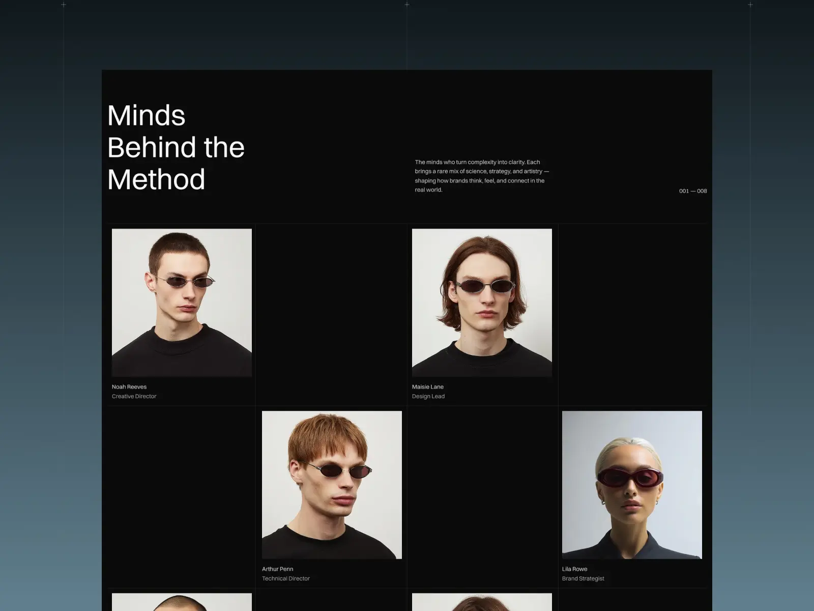 Portraits of four individuals wearing sunglasses are displayed in a grid against a black background with the text "Minds Behind the Method" in white.