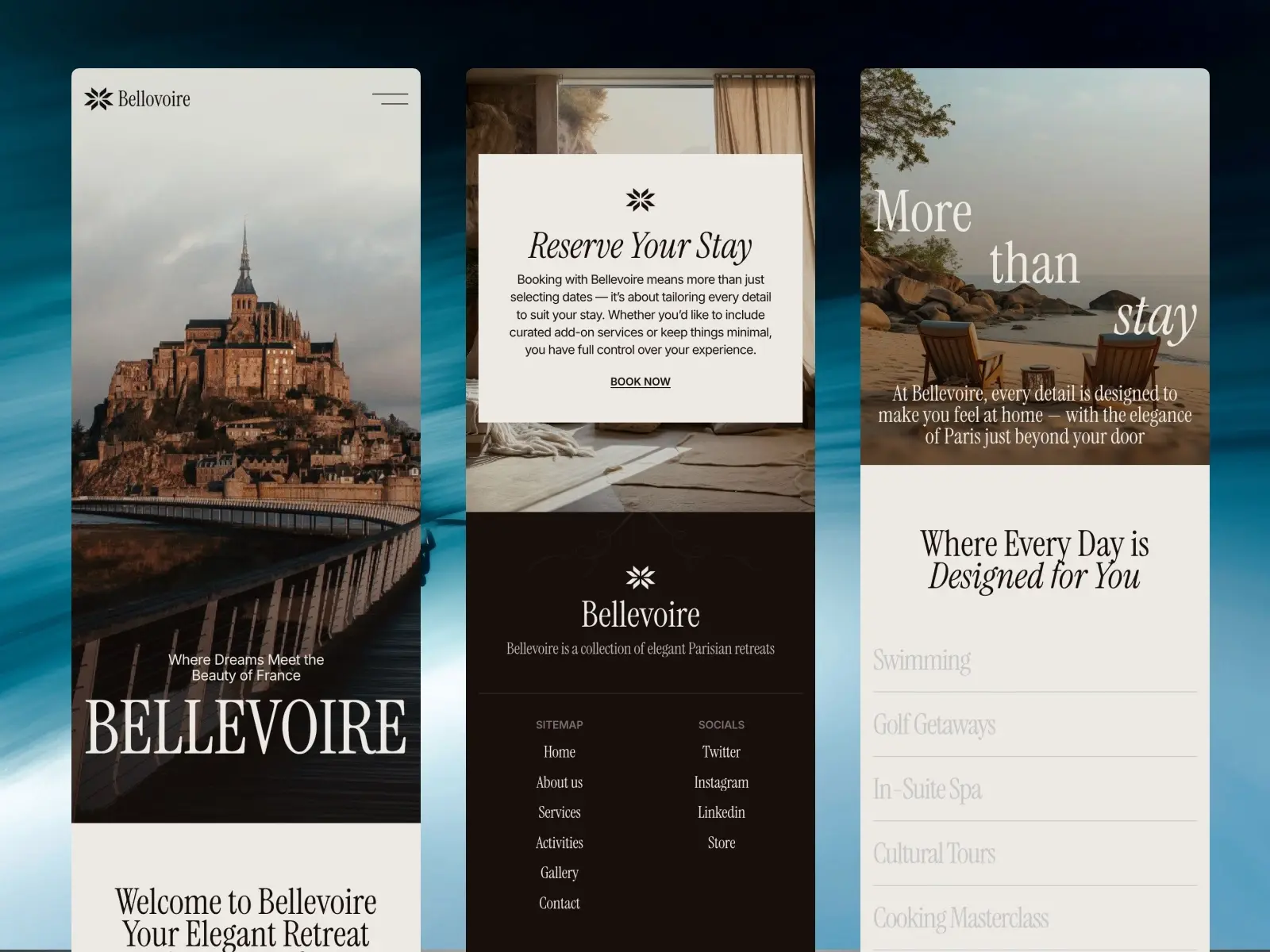 A digital banner for Bellevoire, featuring a scenic view of a historic castle on the left, inviting text in the center emphasizing tailored stays, and a cozy outdoor setting on the right. Elegant fonts and a refined aesthetic highlight a luxurious Parisian retreat experience.