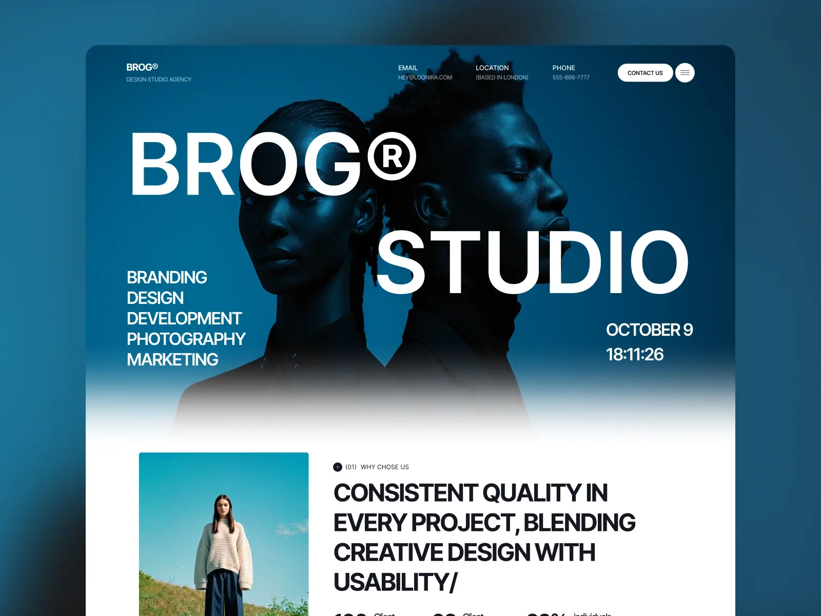 Website design for BROG Studio featuring bold typography overlaid on a blue-tinted image of two people. Keywords like branding, design, and marketing are listed. Date and time at the side. Below, a section highlights a commitment to quality in creative design. The tone is modern and stylish.