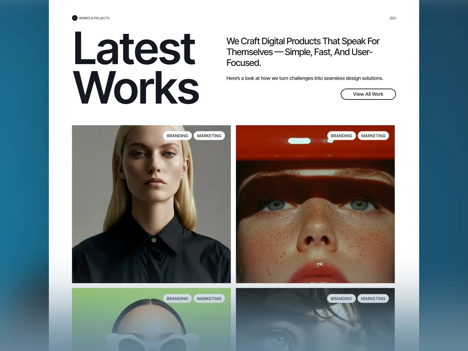 Webpage titled 'Latest Works' featuring digital product designs. Includes images labeled 'Branding' and 'Marketing' with diverse, stylish portraits.
