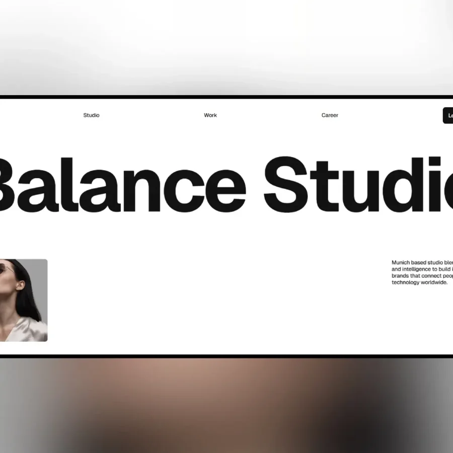 Minimalist webpage design for 'Balance Studio' with bold text. Features a monochrome photo of a person wearing sunglasses in the bottom left.