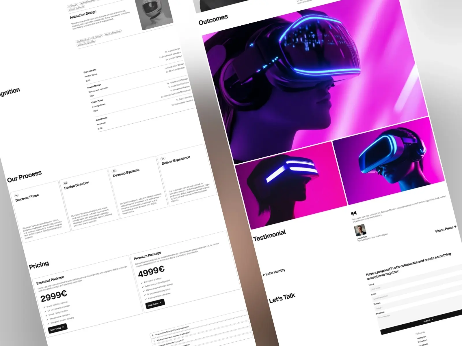 Two-page web design layout showcasing VR technology. Left side focuses on process and pricing, right features neon-lit VR headset images and testimonials. Modern, futuristic vibe.