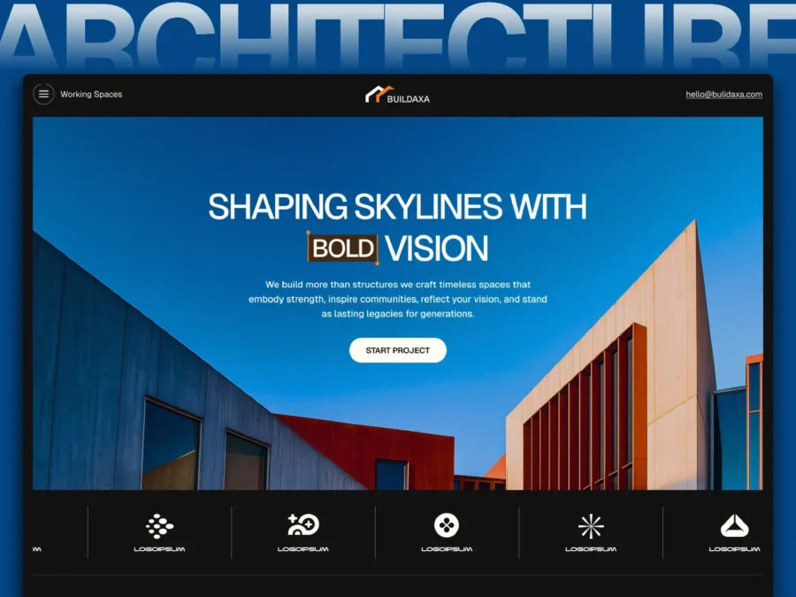 Website homepage of Buildaxa showcasing modern architecture with a clear blue sky backdrop. Bold text states 'Shaping Skylines with Bold Vision.' A 'Start Project' button is prominent. The top displays contact information, while the bottom features icons with labels beneath them.