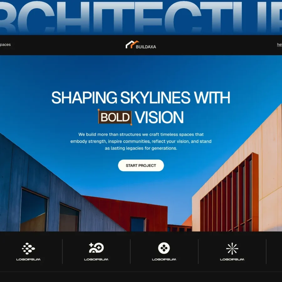 Website homepage of Buildaxa showcasing modern architecture with a clear blue sky backdrop. Bold text states 'Shaping Skylines with Bold Vision.' A 'Start Project' button is prominent. The top displays contact information, while the bottom features icons with labels beneath them.