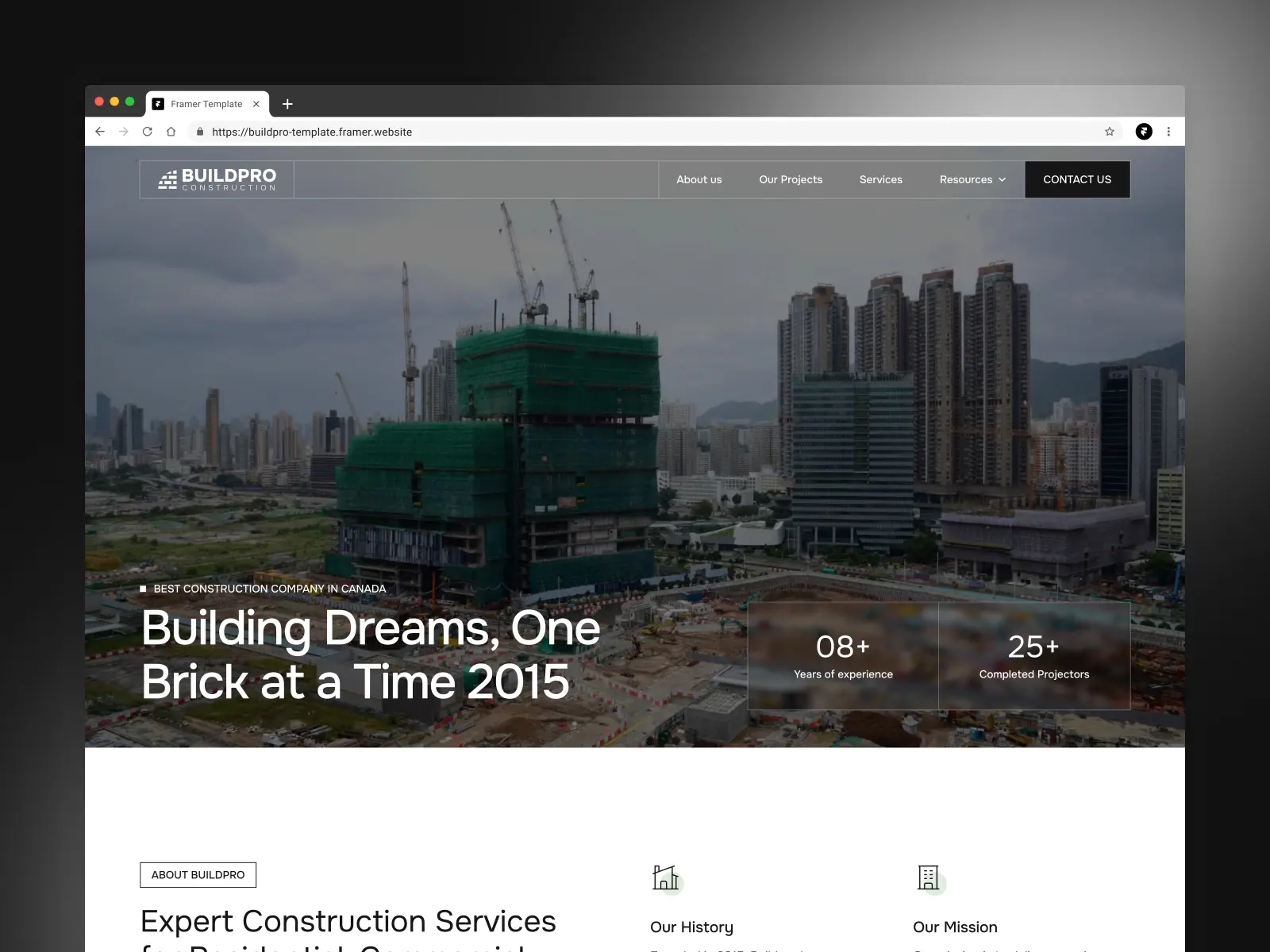 Website homepage of BuildPro Construction shows a city skyline with a construction site. Overlay text: 