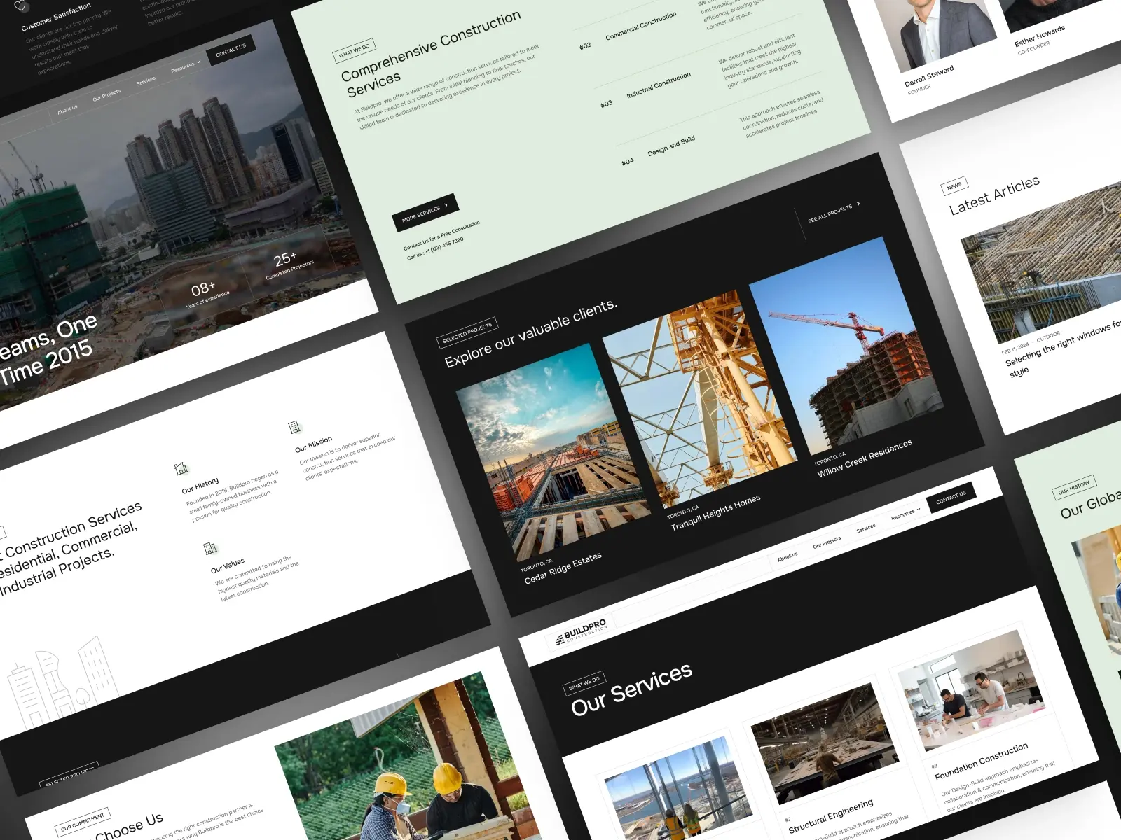 Tilted view of a modern construction company website design featuring images of buildings, cranes, and architectural details. It conveys a professional, innovative tone.