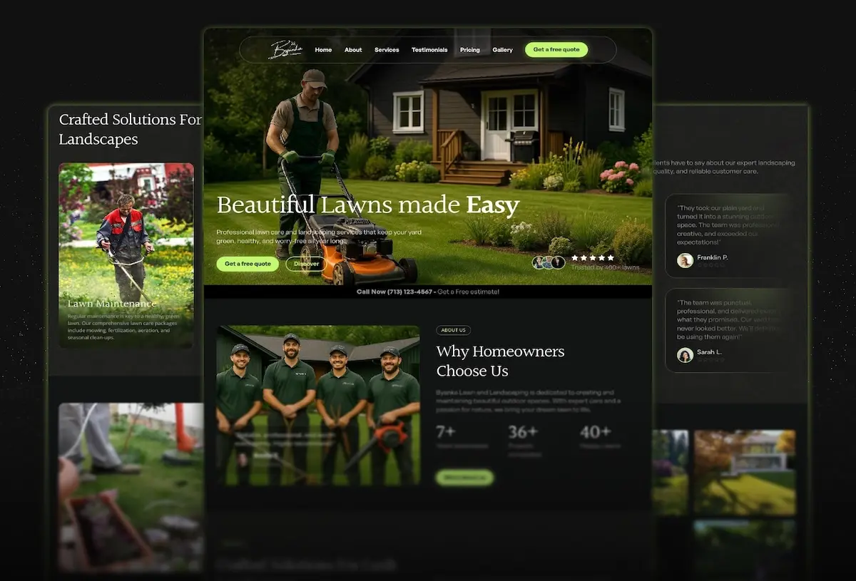 A website mockup for a lawn care service. Features include a man mowing a lawn, team photo, customer testimonials, and highlighted services. The tone is professional and inviting.