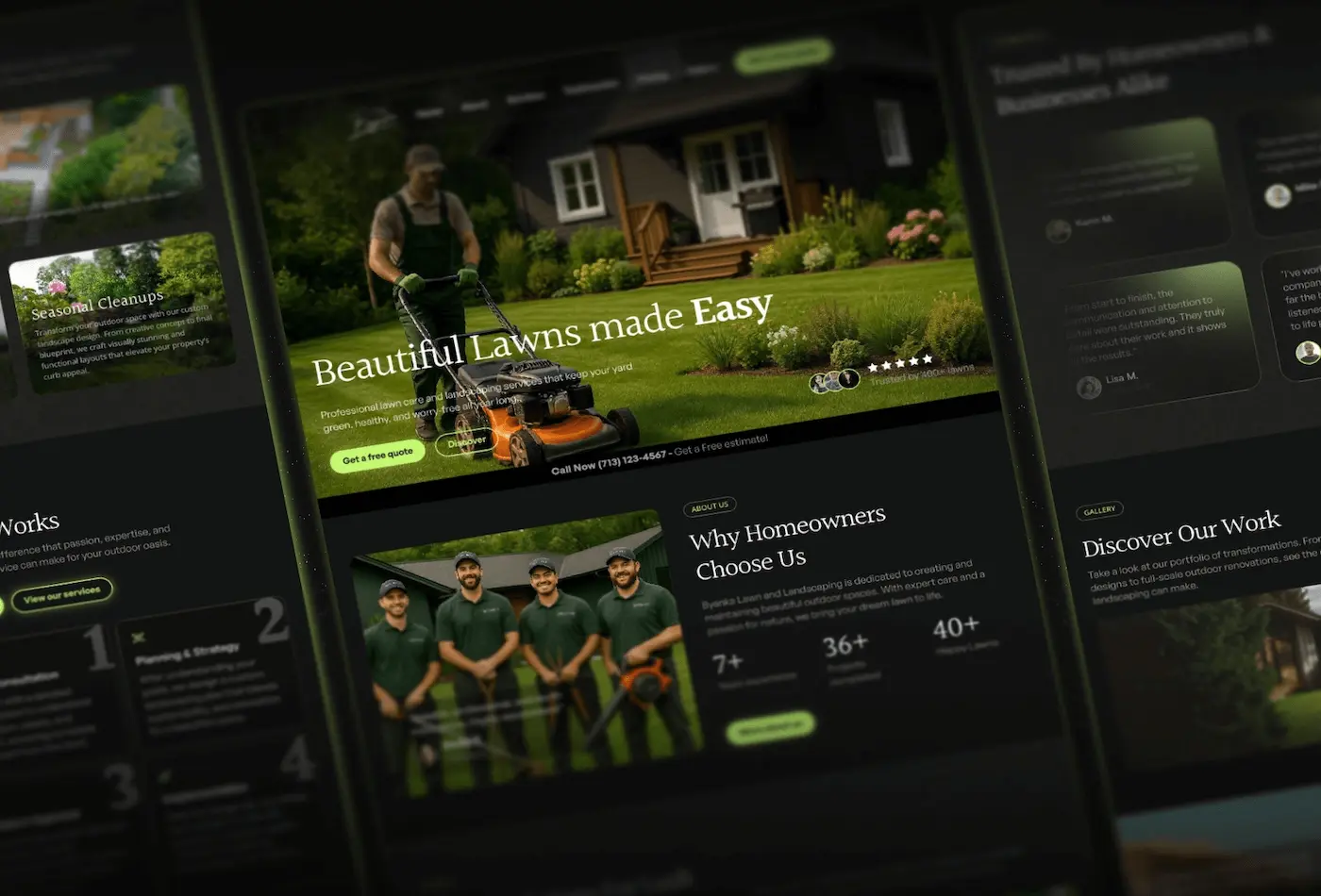 A website displaying a lawn care service. A man mowing grass in a lush yard, with text "Beautiful Lawns made Easy," and team images below. Tone: professional, inviting.