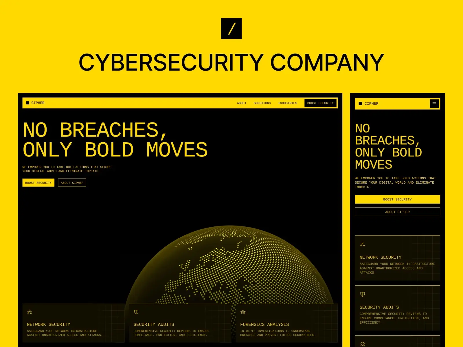 Bold yellow and black website design for a cybersecurity company. Features the text 