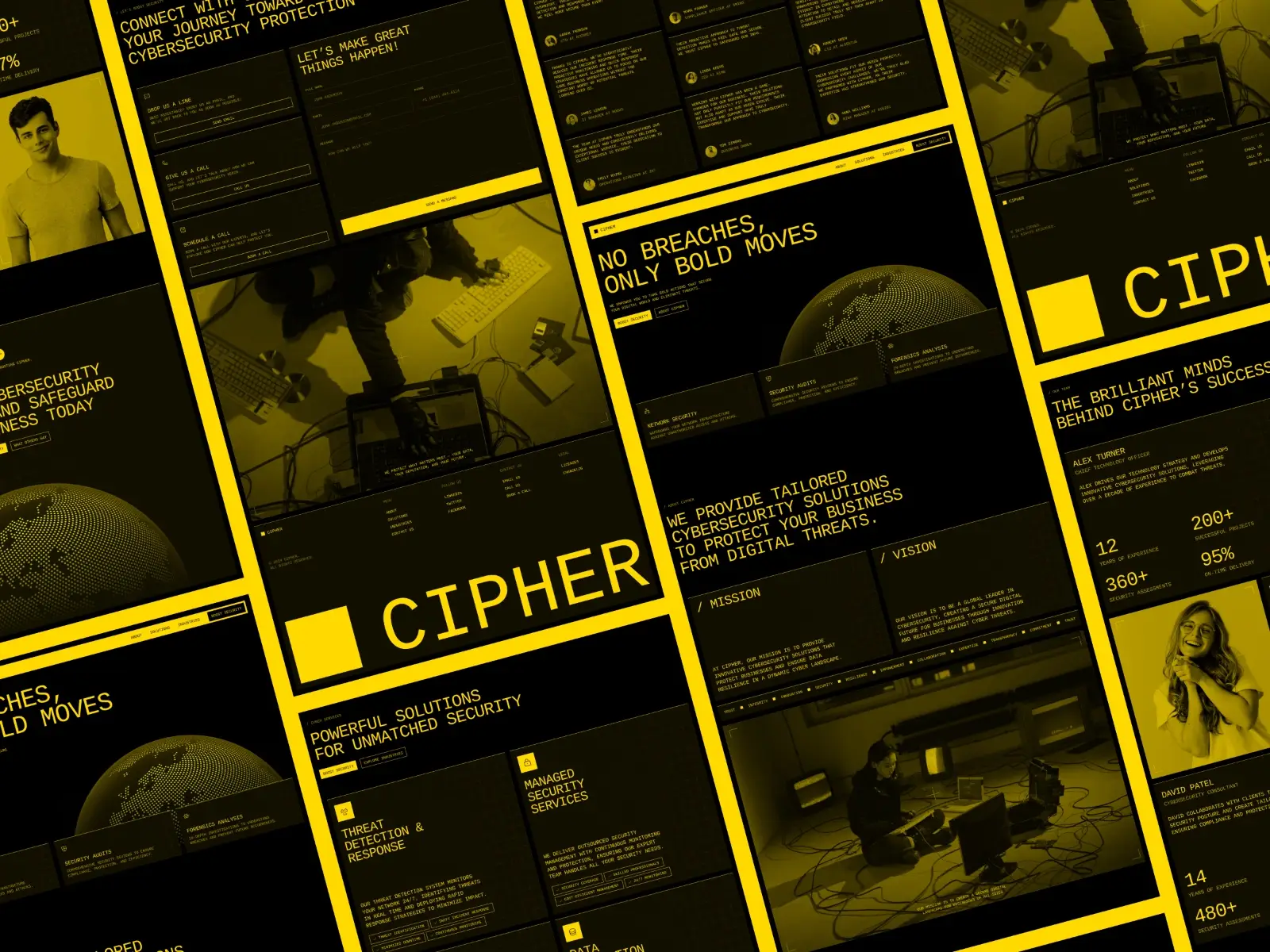 A collage of cybersecurity-themed web pages with bold, yellow text on a black background. Displays the word "CIPHER" prominently, featuring tech imagery.