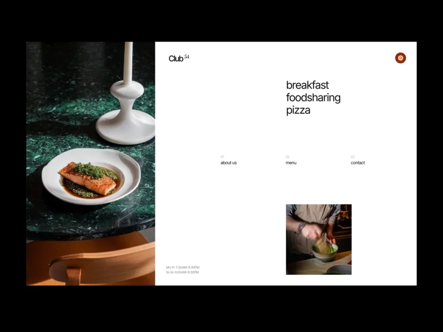 A stylish restaurant webpage for Club 54 features a marble table with a salmon dish and sauce, a white candle holder, and menu options like breakfast, food sharing, and pizza.