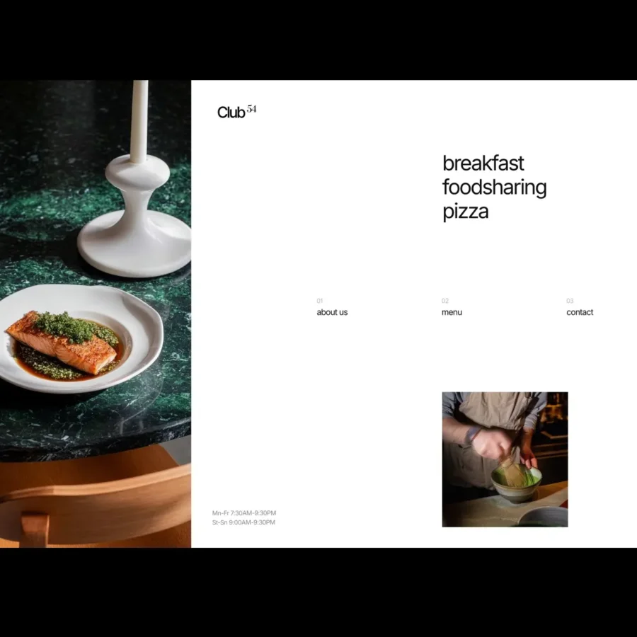 A stylish restaurant webpage for Club 54 features a marble table with a salmon dish and sauce, a white candle holder, and menu options like breakfast, food sharing, and pizza.