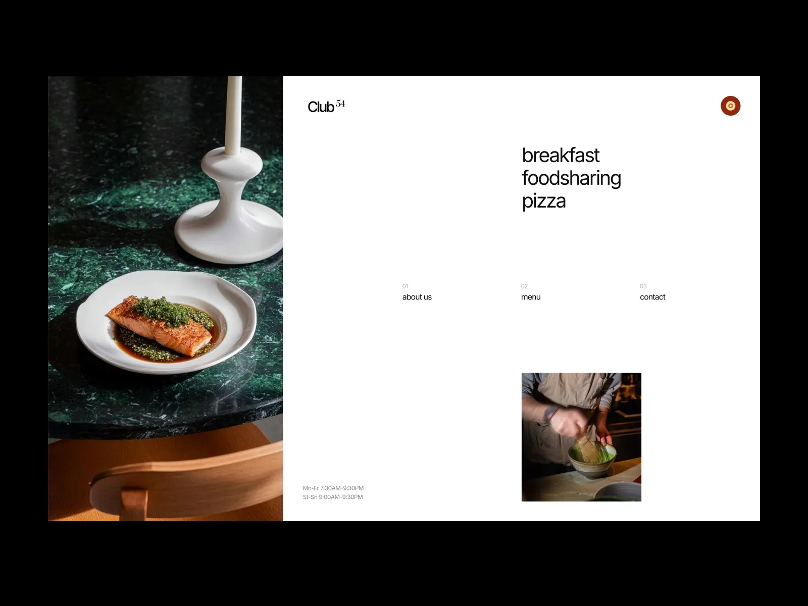 A stylish restaurant webpage for Club 54 features a marble table with a salmon dish and sauce, a white candle holder, and menu options like breakfast, food sharing, and pizza.