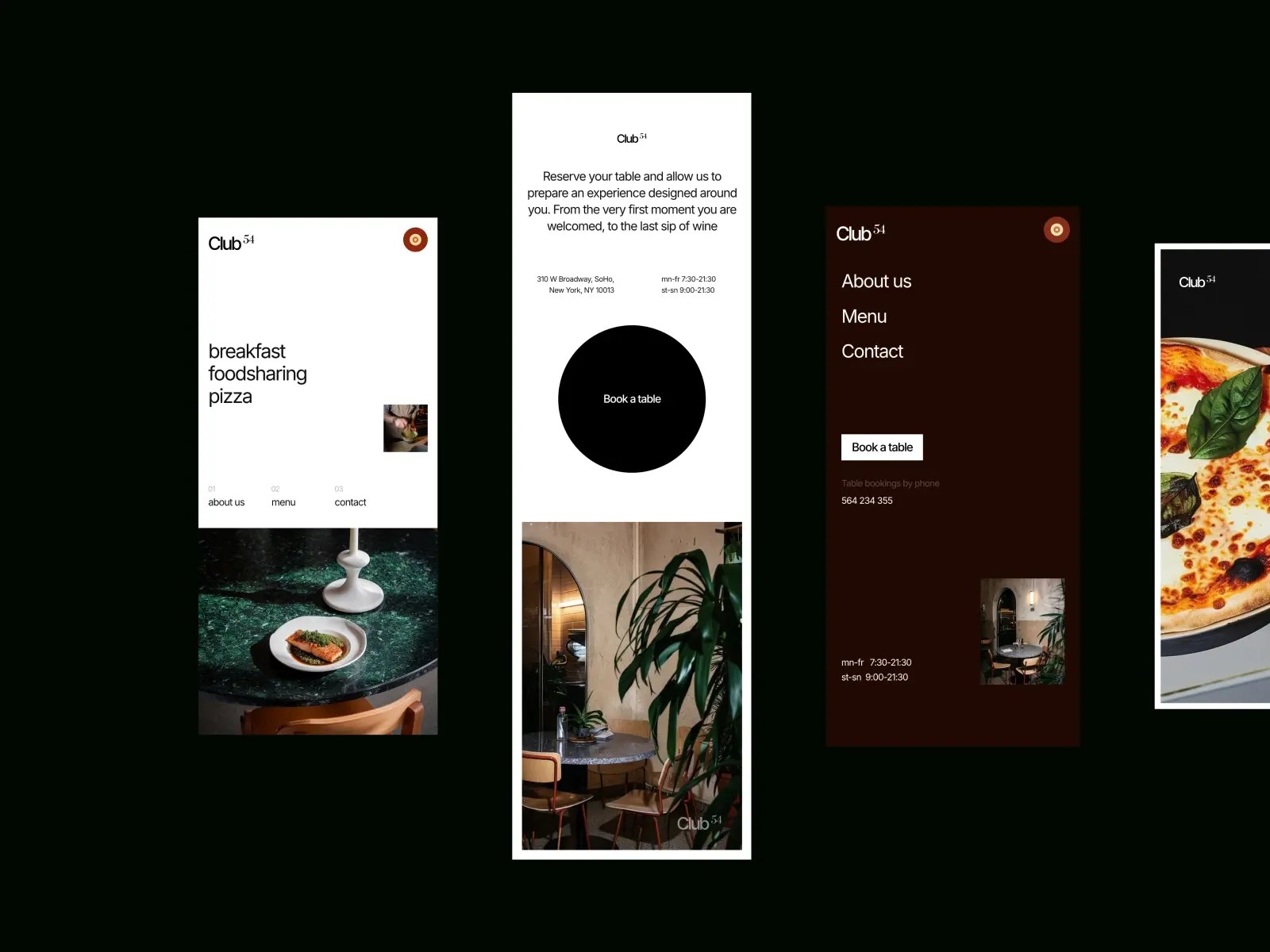A sleek mobile website layout for Club 51, featuring diverse pages with minimalist design. Highlighted elements include food, booking details, and elegant interiors.