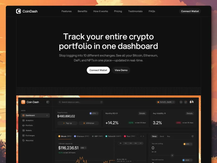 CoinDash — Crypto Portfolio Tracker Template — Munzir Kareem Framer Template