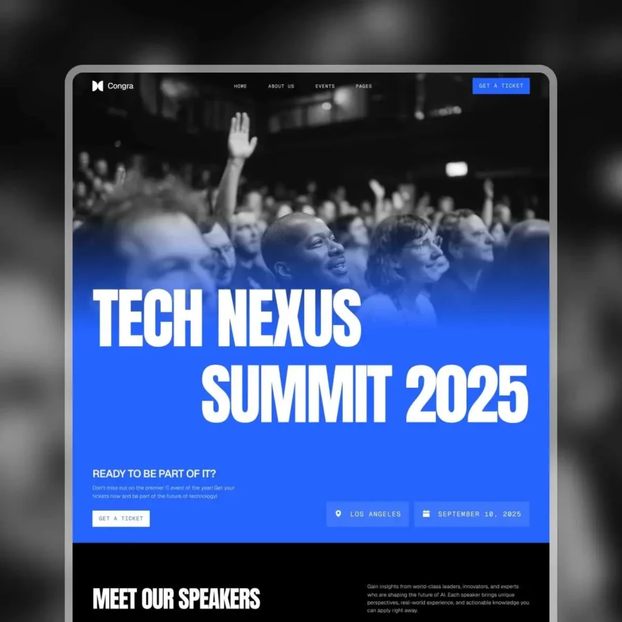 Crowd excitedly participates at Tech Nexus Summit 2025. Bold white text overlays a blue gradient with event details, creating an energetic atmosphere.