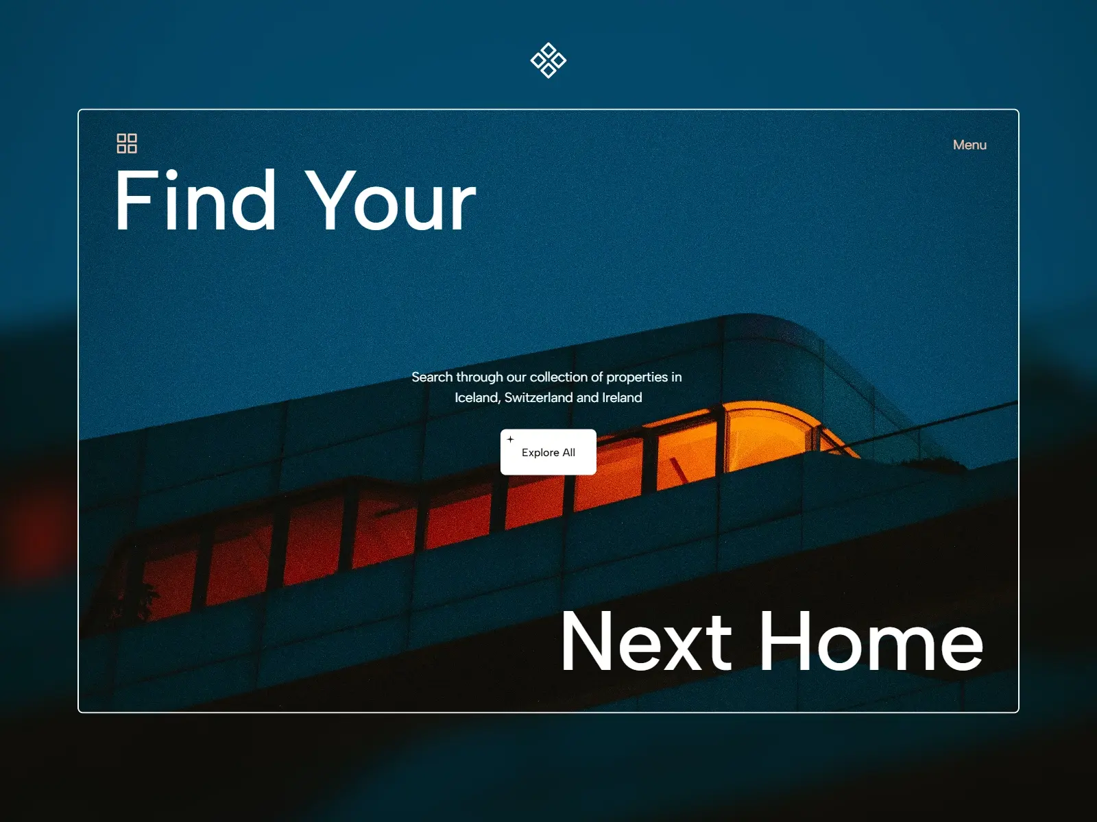 Modern building under dark blue sky, warm orange lights through windows. Bold white text says