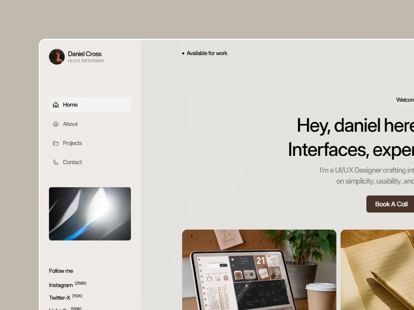 A minimalist UI/UX designer portfolio webpage with a beige theme. The sidebar includes navigation links and social media. The main section features a welcome message with 