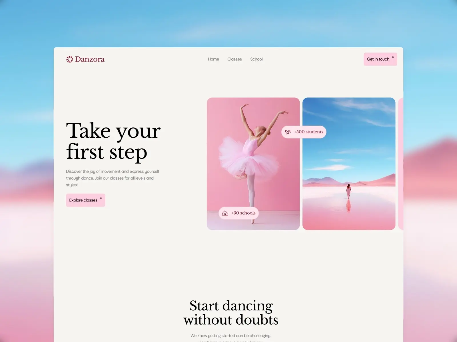 Dance-themed website with a pastel design. Features an image of a ballerina in a pink tutu and a serene landscape. Text: 