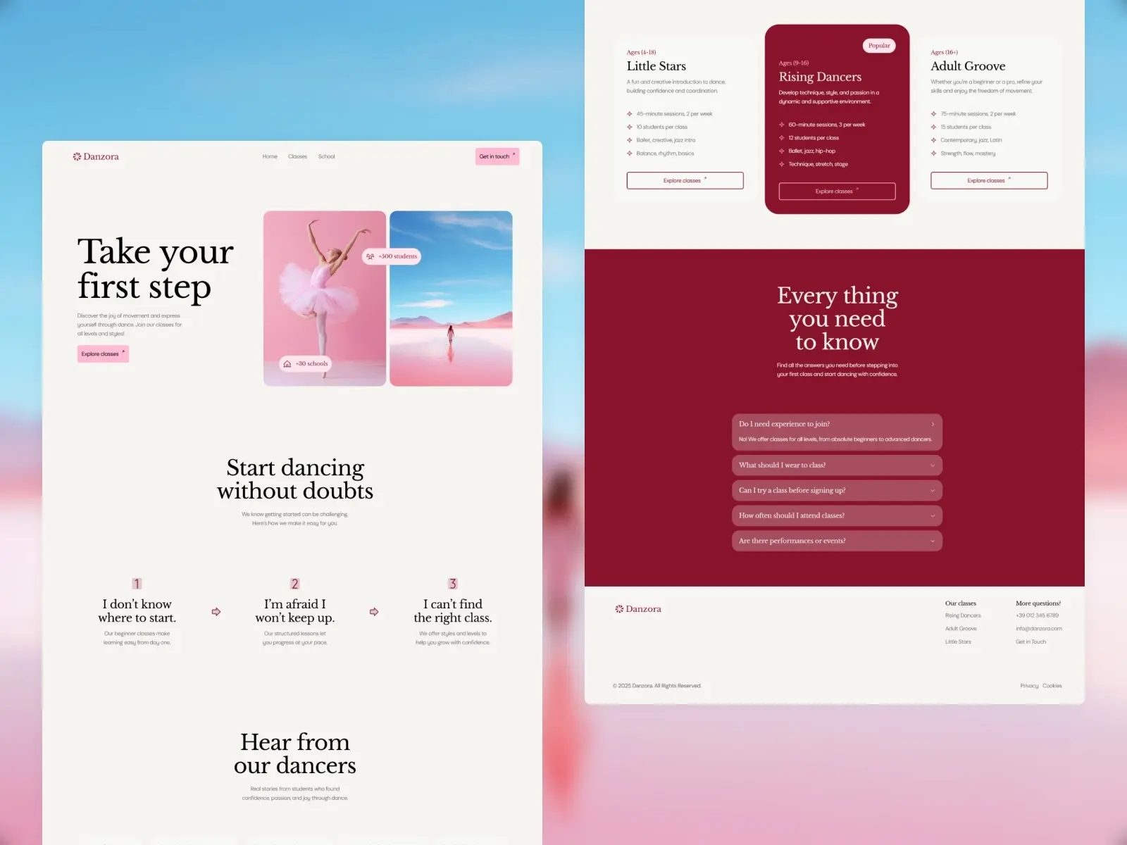 A two-page dance academy website design. The left page has a minimalist style with pastel pink and blue sections, showcasing ballet images, and text urging visitors to "Take your first step" in dance. The right page uses a deep red background, featuring class options like "Little Stars" and an FAQ section, conveying a welcoming and elegant tone.