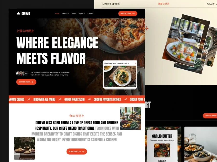 Restaurant website showcases an inviting design featuring a headline 'Where Elegance Meets Flavor.' Images of gourmet dishes, such as pizza and seafood, convey taste and sophistication. Text highlights the blend of traditional and modern culinary techniques, emphasizing warmth and creativity. Buttons like 'Explore Menu' and 'Book a Table' suggest an engaging dining experience.