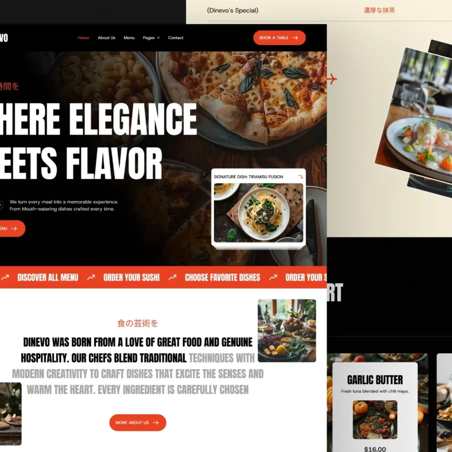 Restaurant website showcases an inviting design featuring a headline 'Where Elegance Meets Flavor.' Images of gourmet dishes, such as pizza and seafood, convey taste and sophistication. Text highlights the blend of traditional and modern culinary techniques, emphasizing warmth and creativity. Buttons like 'Explore Menu' and 'Book a Table' suggest an engaging dining experience.