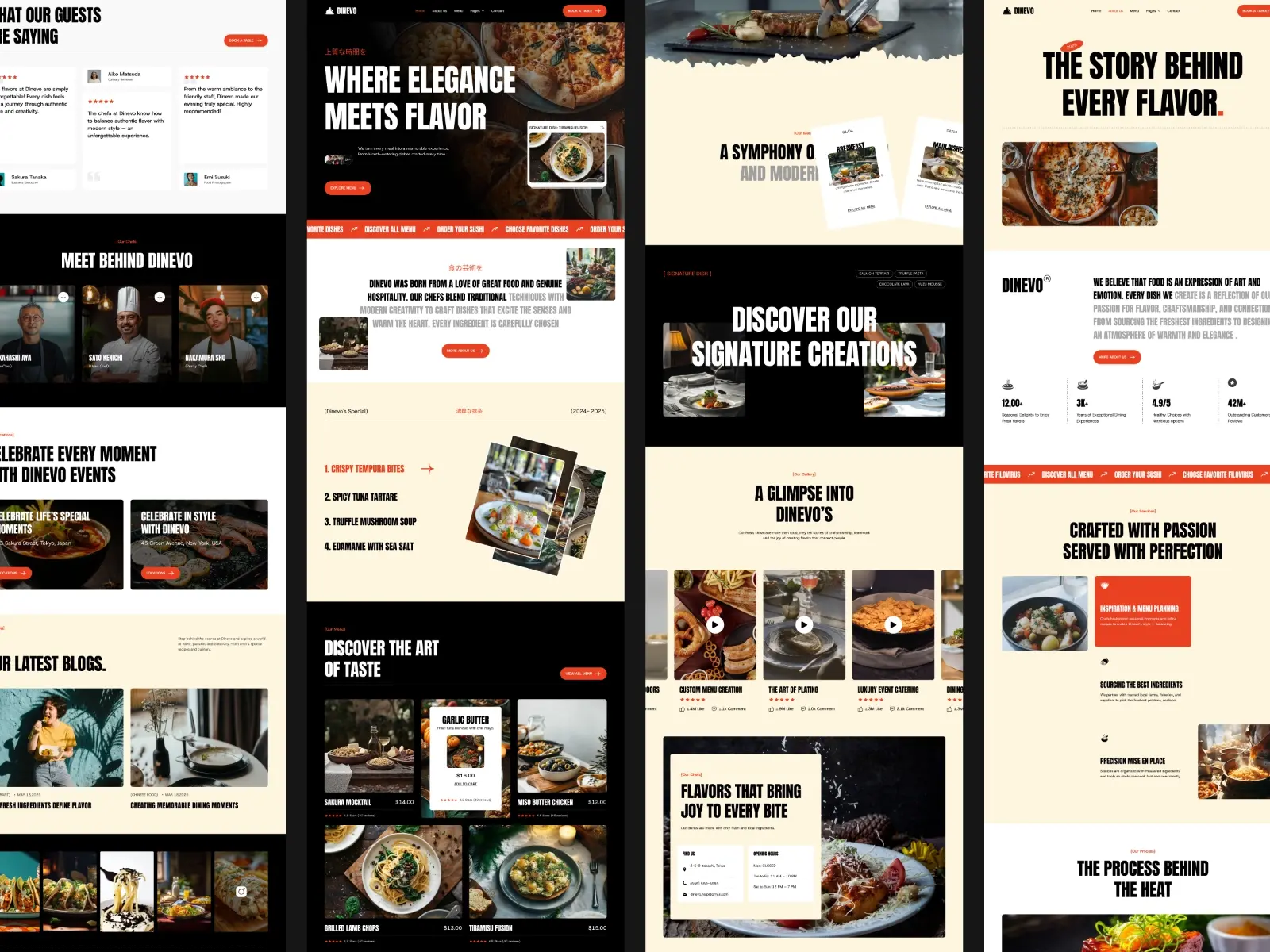 Collage of a restaurant's website pages with vibrant food images, bold text headlines like "Discover Our Signature Creations," and warm, inviting colors.