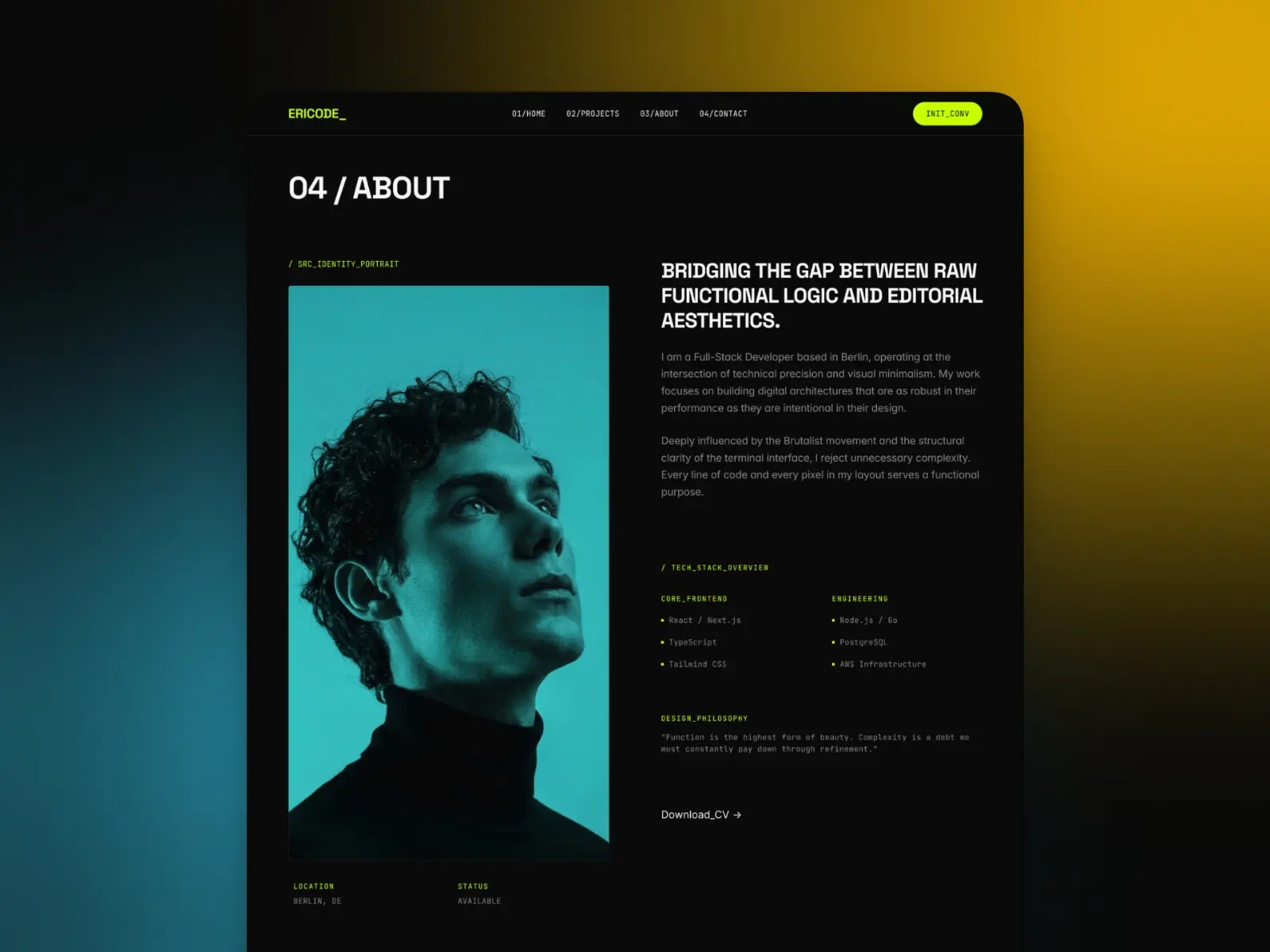 Ericode — Dark portfolio for developers
