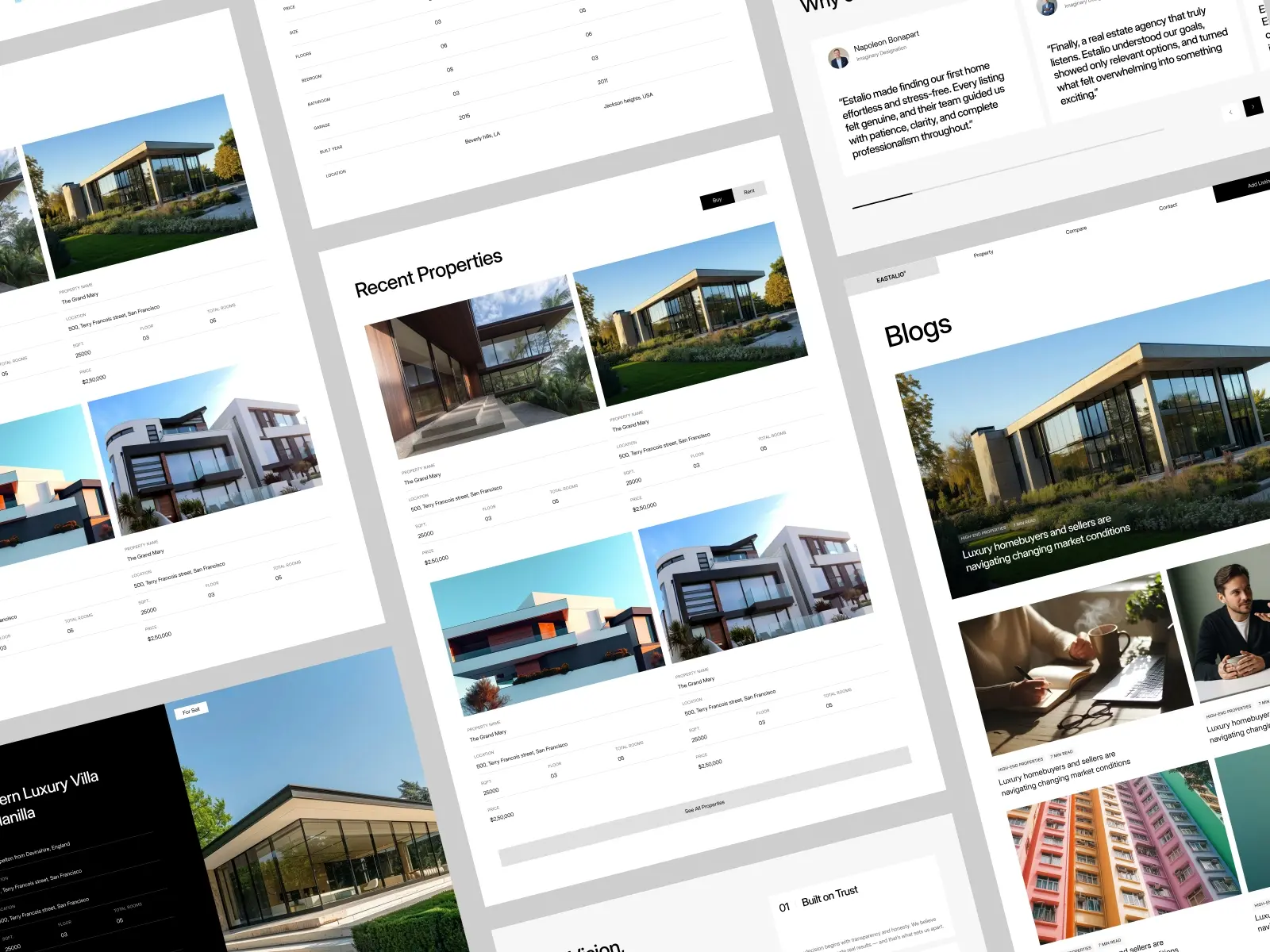 Digital real estate website mockup featuring modern property listings, recent properties section, and blog previews. Bright, clean design with a professional tone.