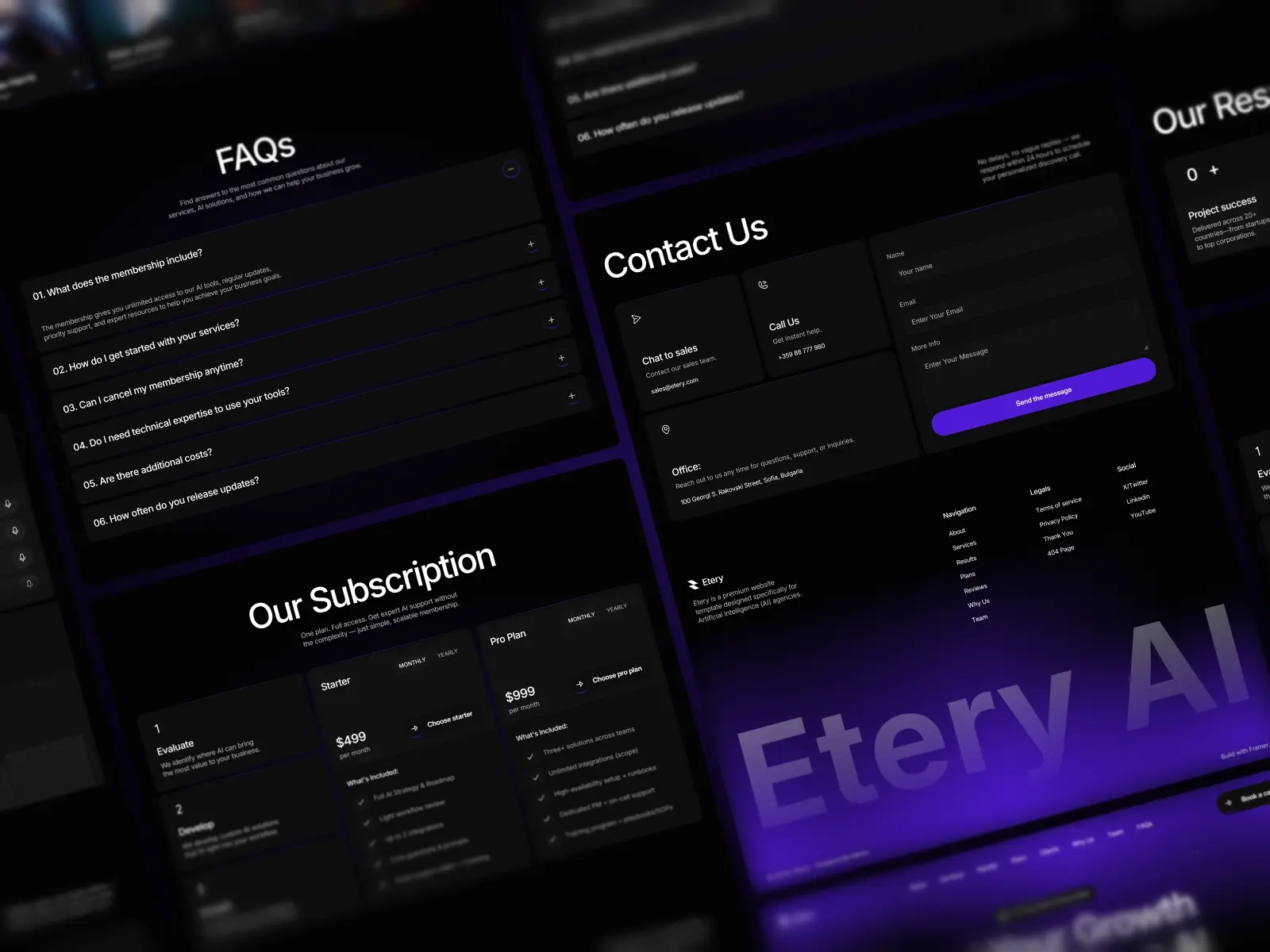 Dark-themed website mockup featuring sections: FAQs, Contact Us, and Subscription plans. Text and buttons provide navigational functionality.
