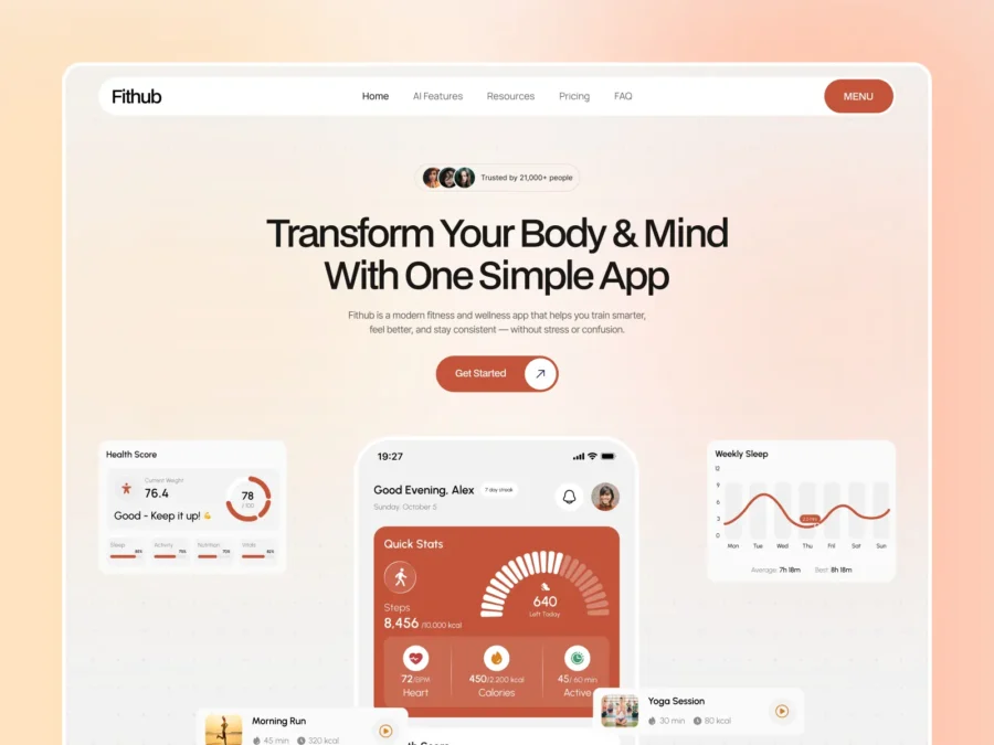 Fithub — Fitness Mobile App Landing Page — Pixcut Studio LLC Framer Template