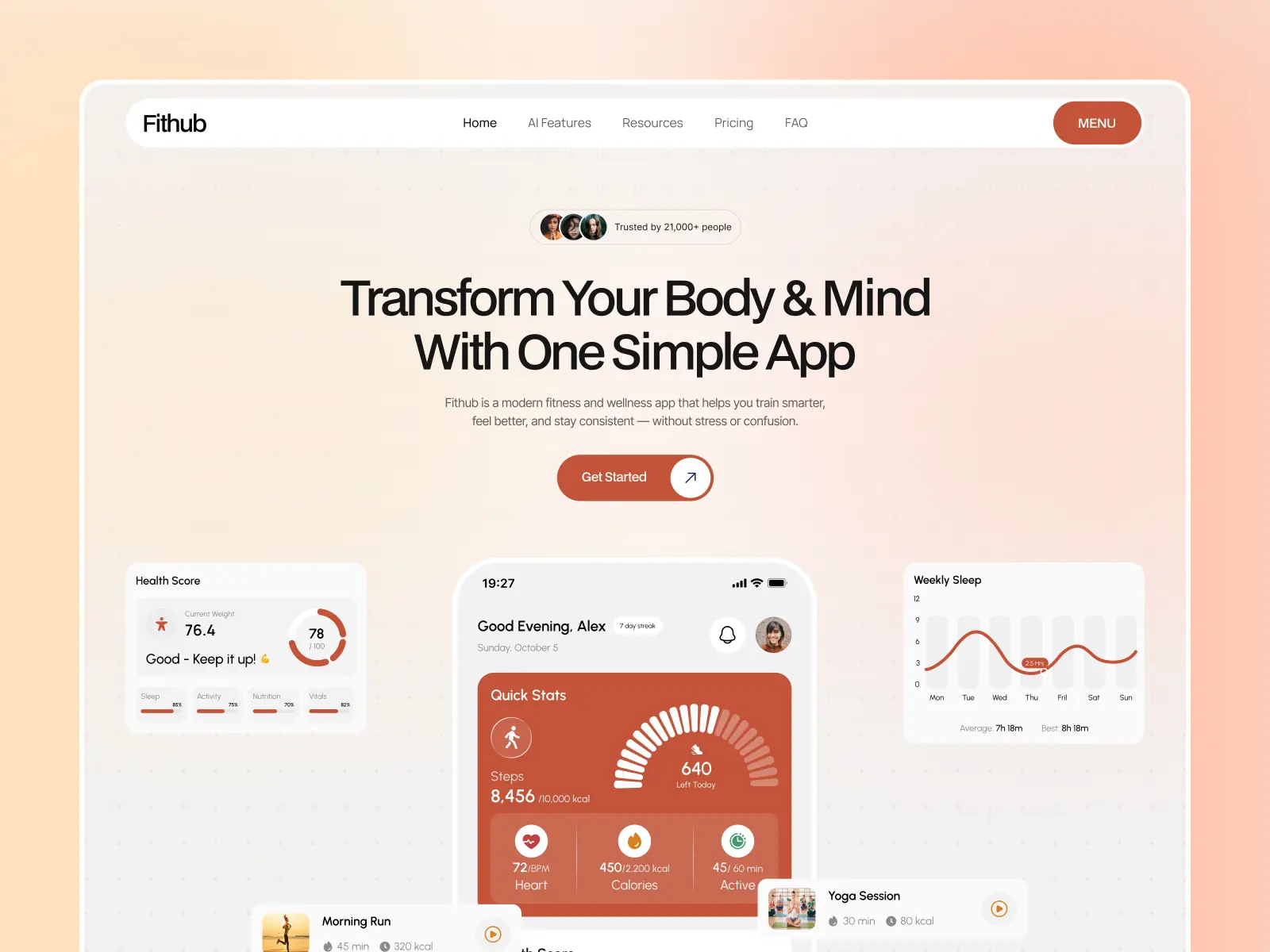Fithub — Fitness Mobile App Landing Page — Pixcut Studio LLC Framer Template