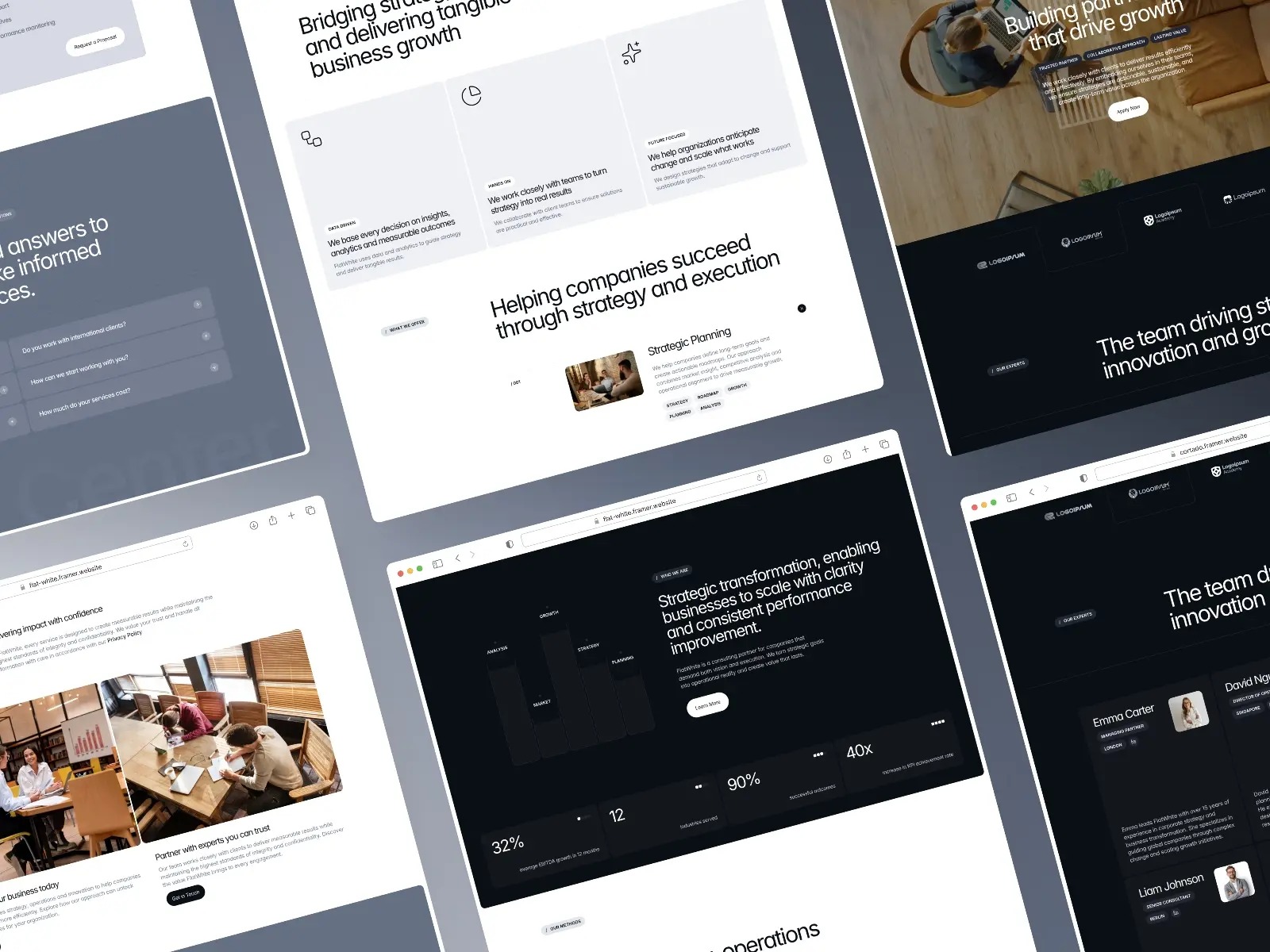A collage of website designs featuring clean layouts and modern typography. The themes focus on business growth, strategy, and innovation. Elements include text boxes, images of professionals, graphs, and statistics, conveying a professional and forward-thinking tone.