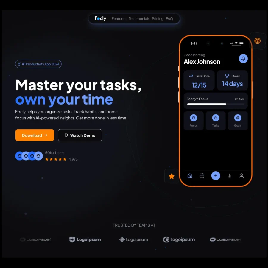 Focly — App Landing Page Template — Gizem Onan Framer Template